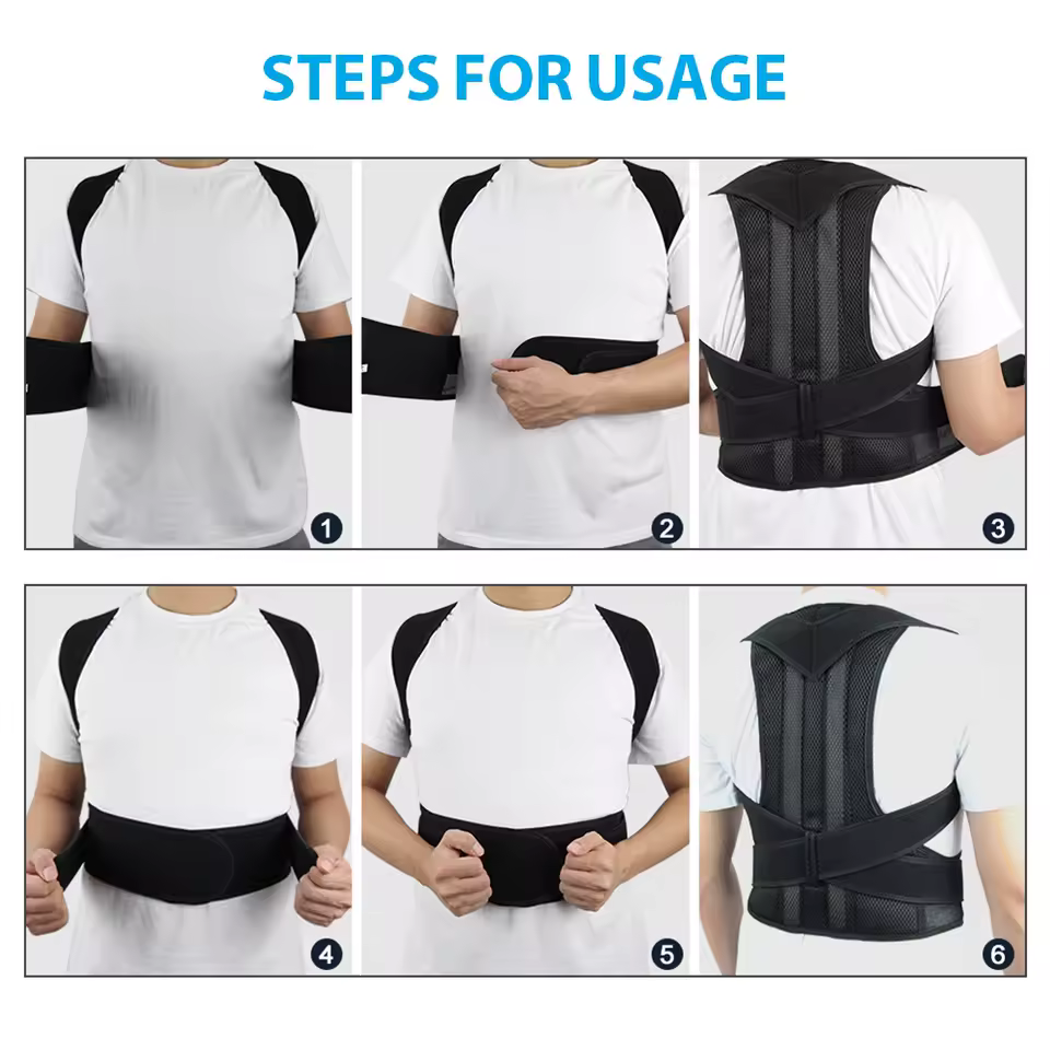 instructions-steps-for-usage Demonstrative instructions on how to put on and use the back brace.